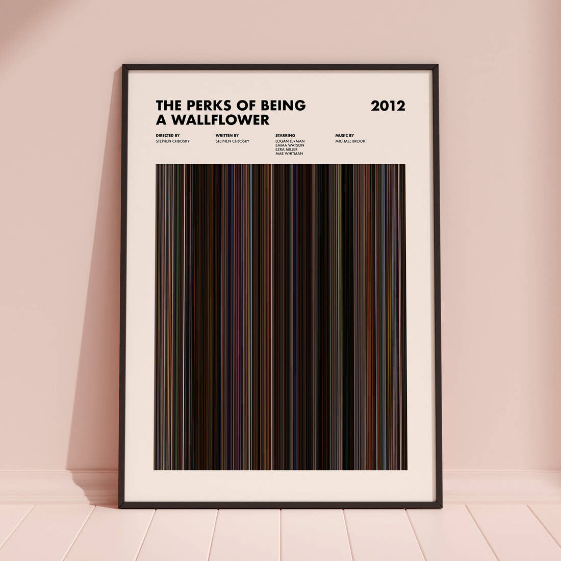The Perks Of Being A Wallflower Movie Barcode Poster framed and leaning against a coloured wall