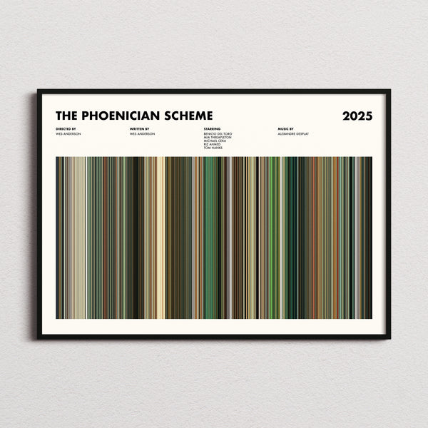 The Phoenician Scheme Movie Barcode Poster framed and photographed straight on
