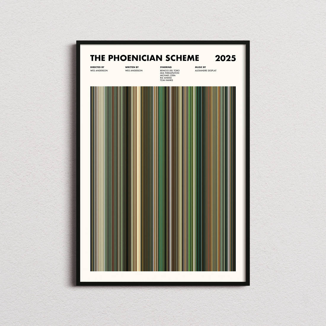 The Phoenician Scheme Movie Barcode Poster framed on a plain studio wall