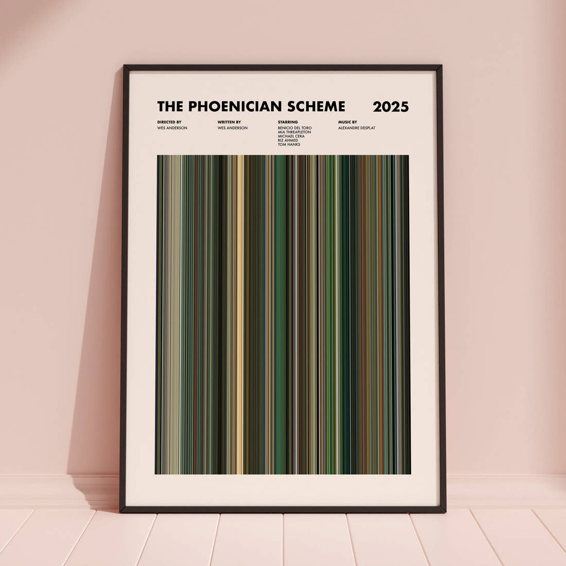 The Phoenician Scheme Movie Barcode Poster framed and leaning against a coloured wall