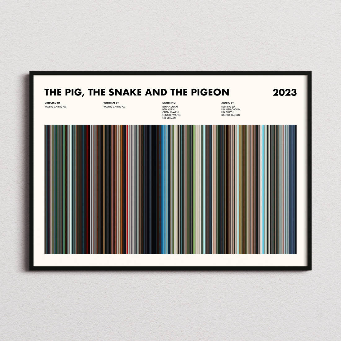 The Pig, the Snake and the Pigeon Movie Barcode Poster framed and photographed straight on