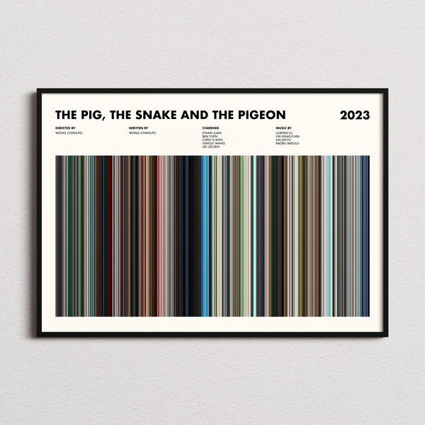The Pig, the Snake and the Pigeon Movie Barcode Poster framed and photographed straight on