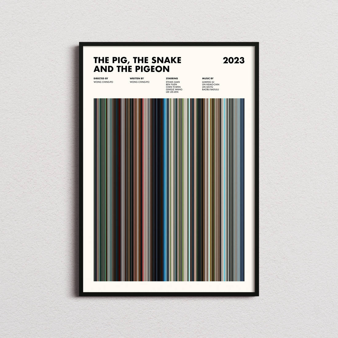The Pig, the Snake and the Pigeon Movie Barcode Poster framed on a plain studio wall