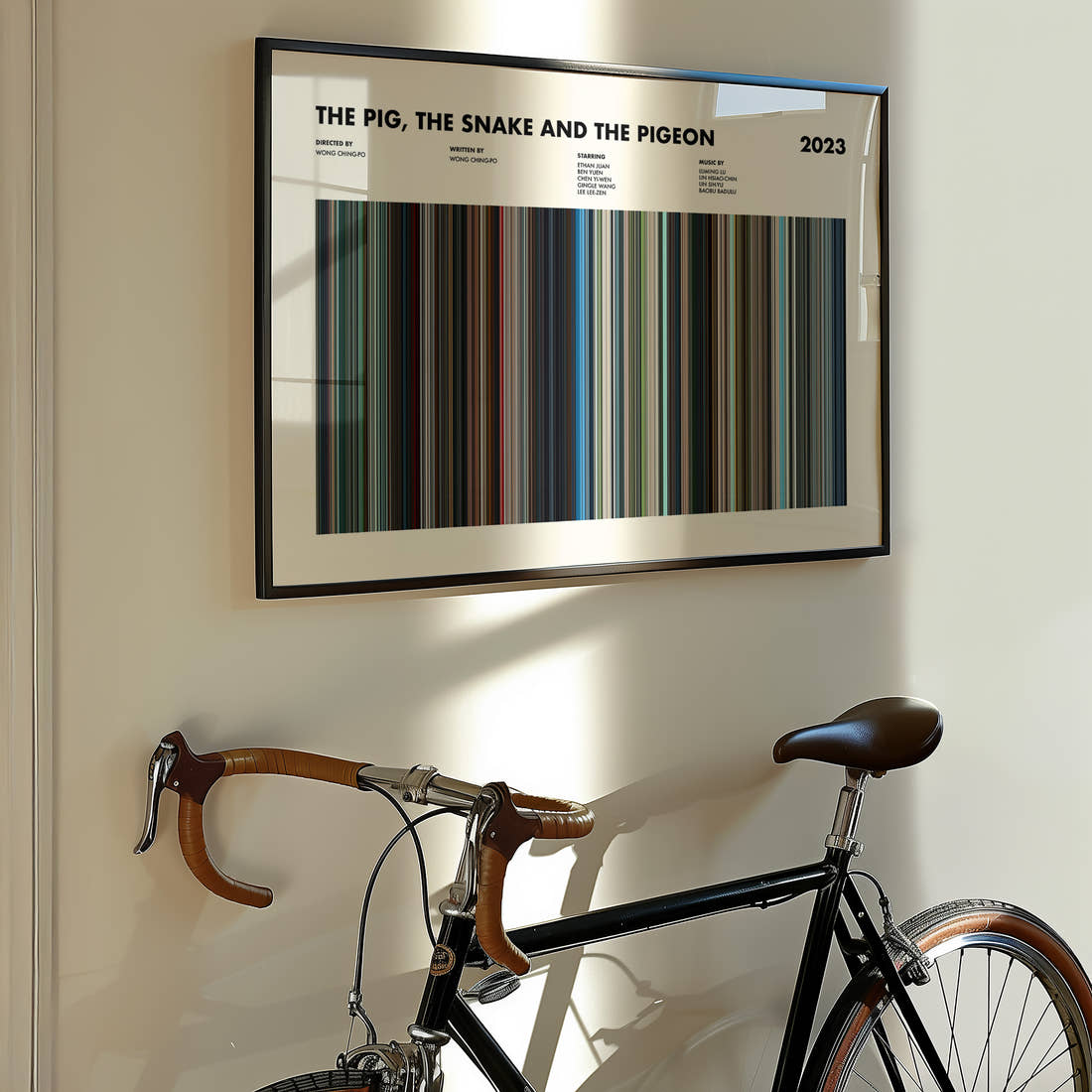 The Pig, the Snake and the Pigeon Movie Barcode Poster framed on the wall of a styled room setting