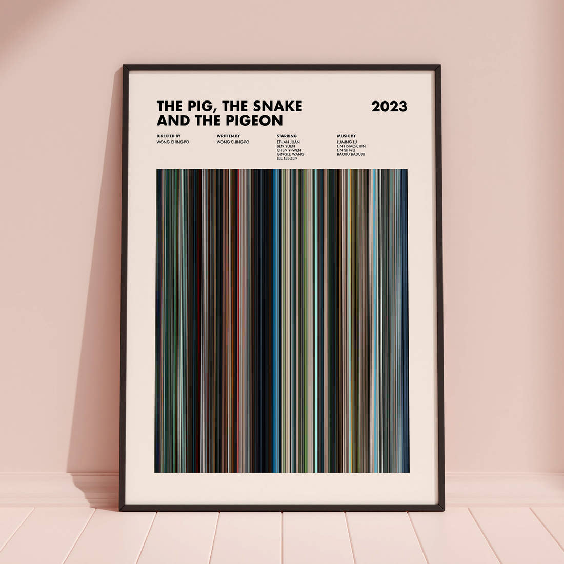 The Pig, the Snake and the Pigeon Movie Barcode Poster framed and leaning against a coloured wall