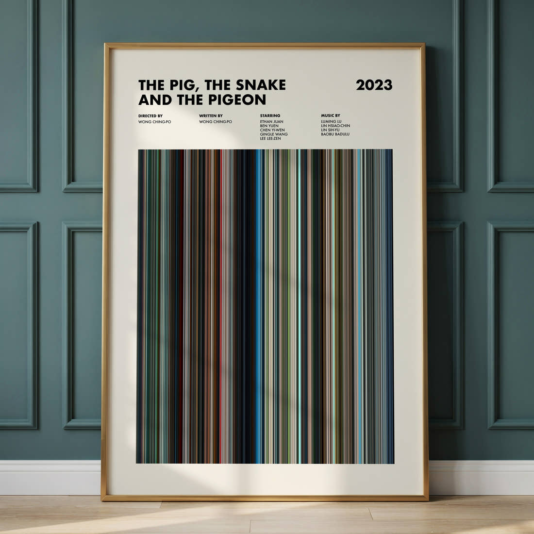The Pig, the Snake and the Pigeon Movie Barcode Poster framed and leaning against a panelled wall