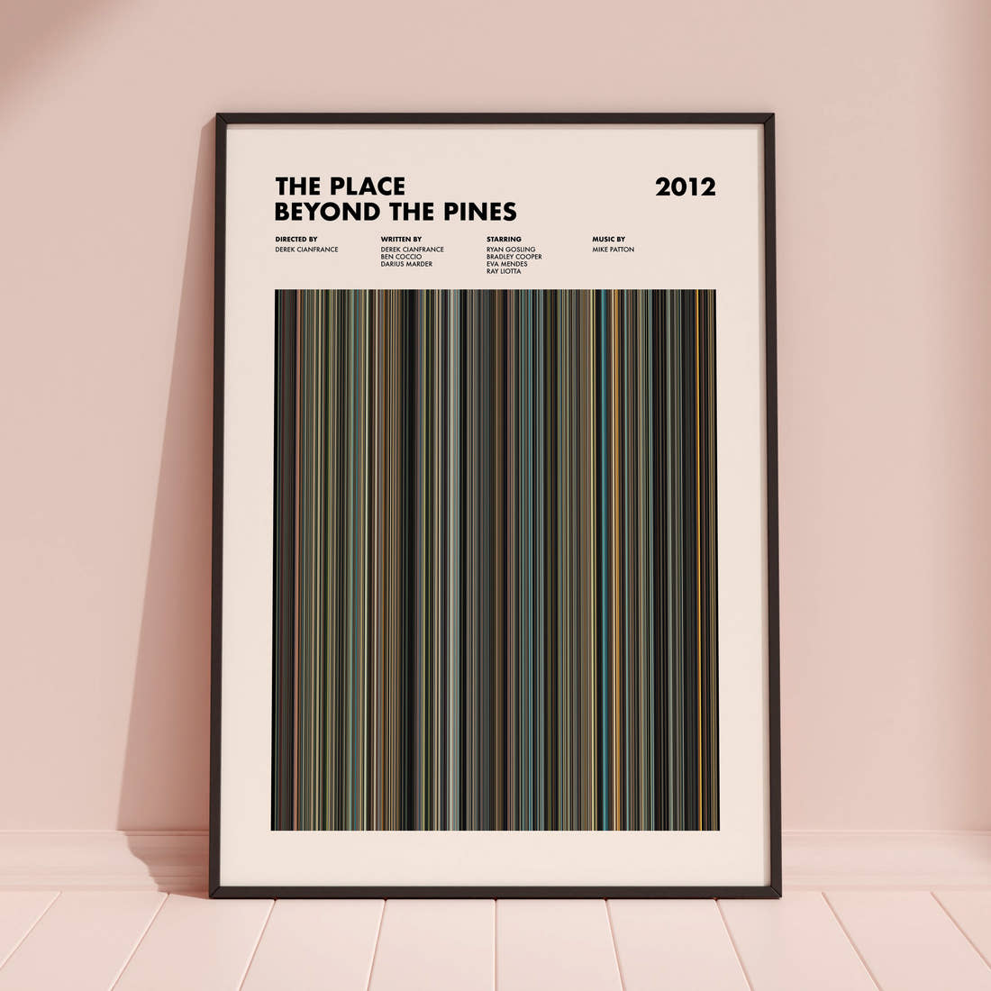 The Place Beyond The Pines Movie Barcode Poster framed and leaning against a coloured wall