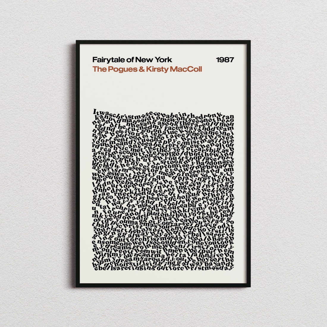 The Pogues & Kirsty MacColl Fairytale of New York Lyric Print in the cream colourway, framed