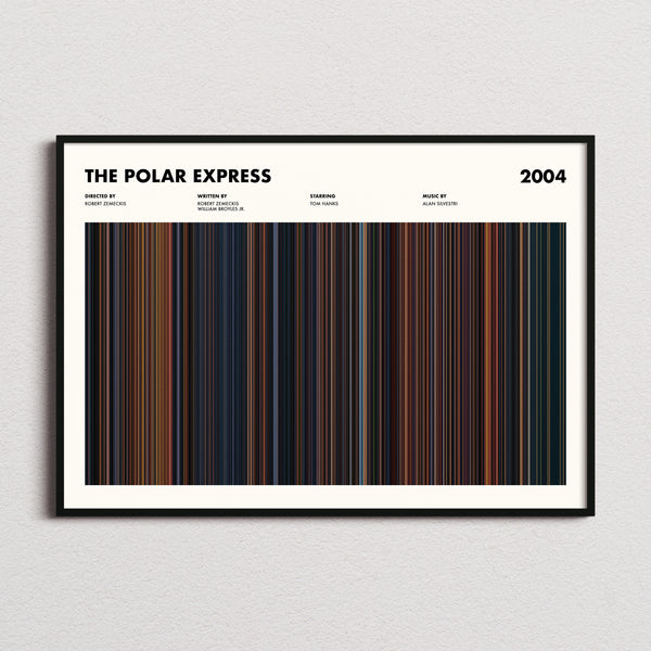 The Polar Express Movie Barcode Poster framed and photographed straight on