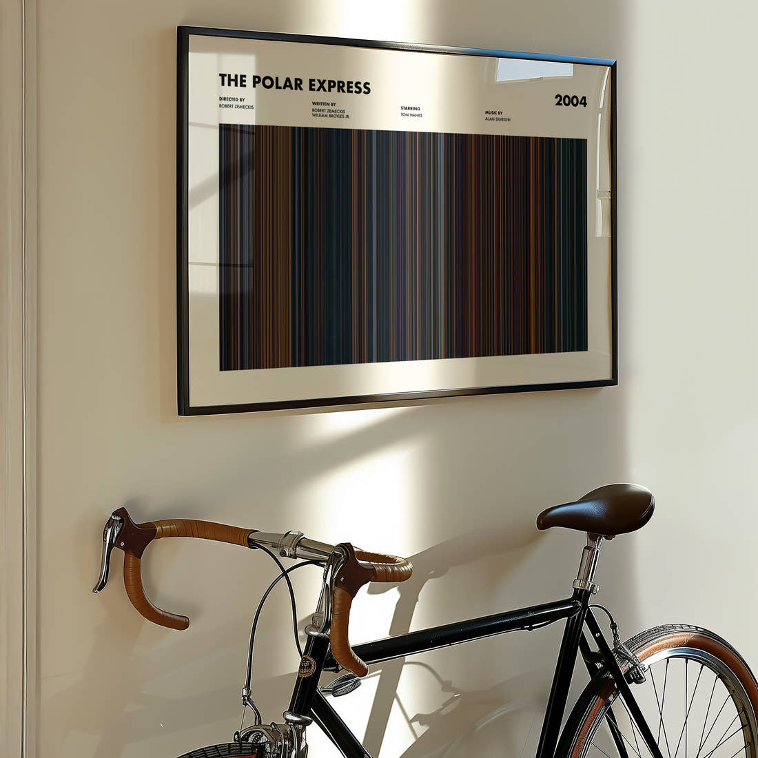 The Polar Express Movie Barcode Poster framed on the wall of a styled room setting