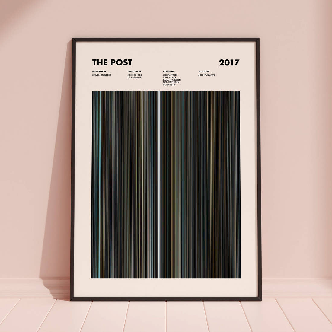 The Post Movie Barcode Poster framed and leaning against a coloured wall