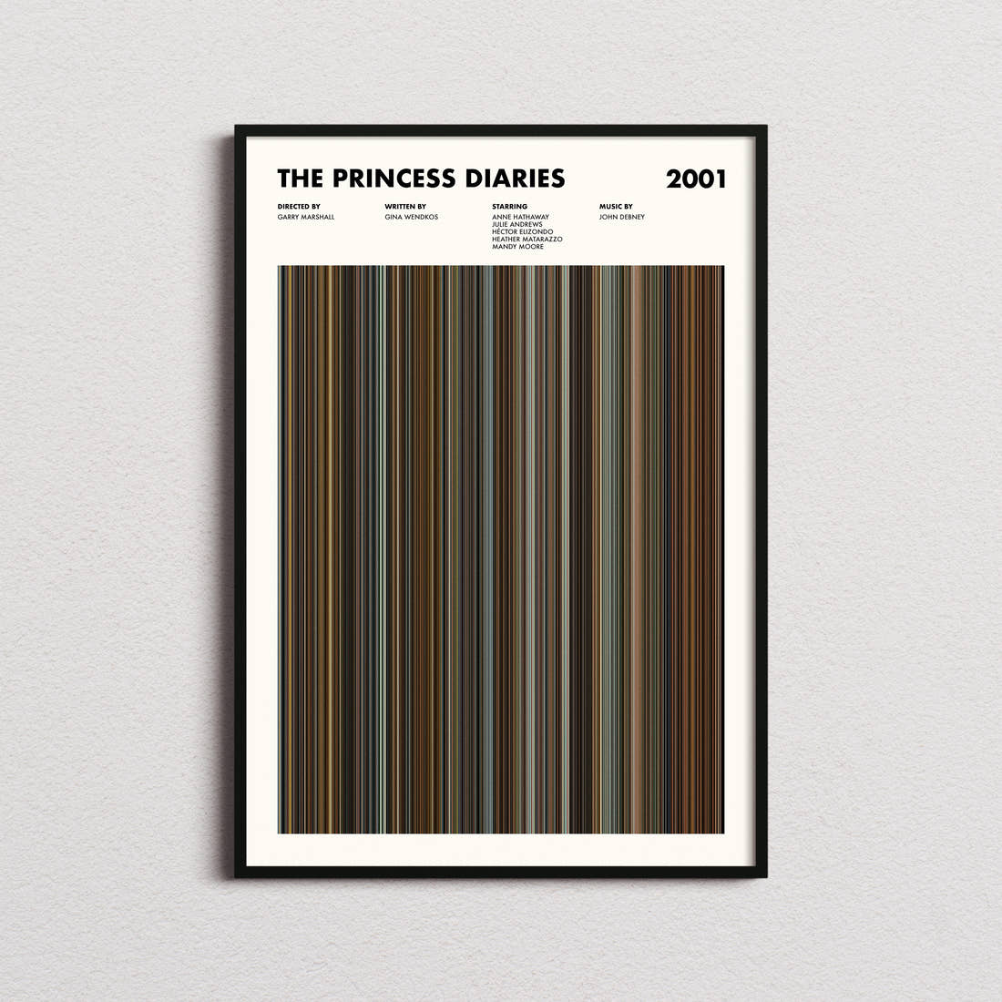The Princess Diaries Movie Barcode Poster framed on a plain studio wall