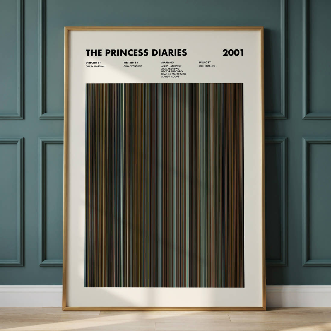 The Princess Diaries Movie Barcode Poster framed and leaning against a panelled wall
