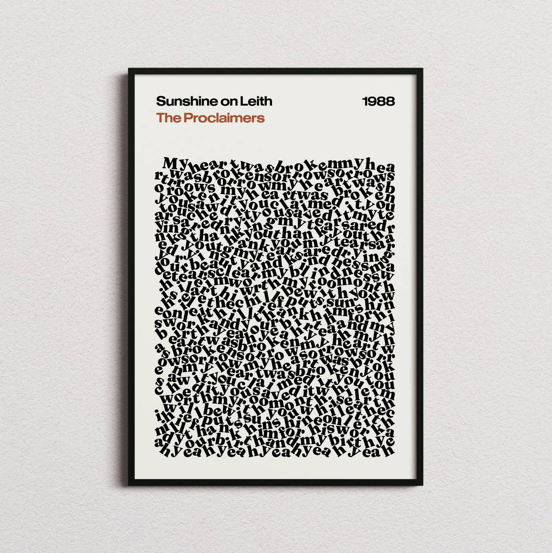 The Proclaimers Sunshine on Leith Lyric Print in the cream colourway, framed