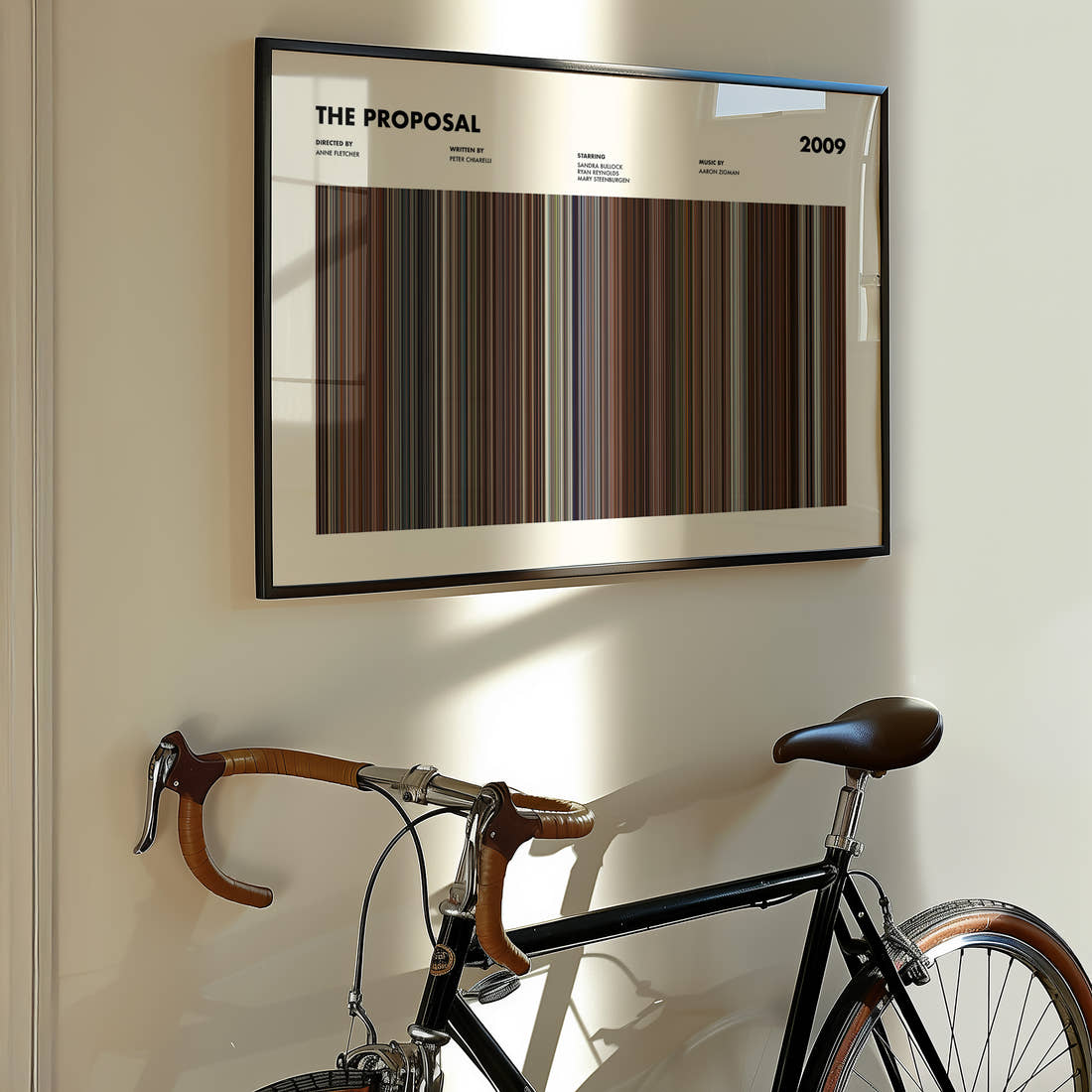 The Proposal Movie Barcode Poster framed on the wall of a styled room setting
