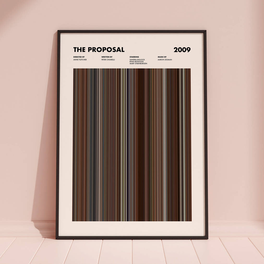 The Proposal Movie Barcode Poster framed and leaning against a coloured wall