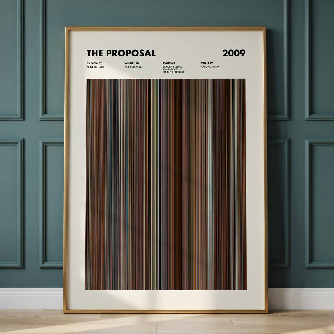 The Proposal Movie Barcode Poster framed and leaning against a panelled wall