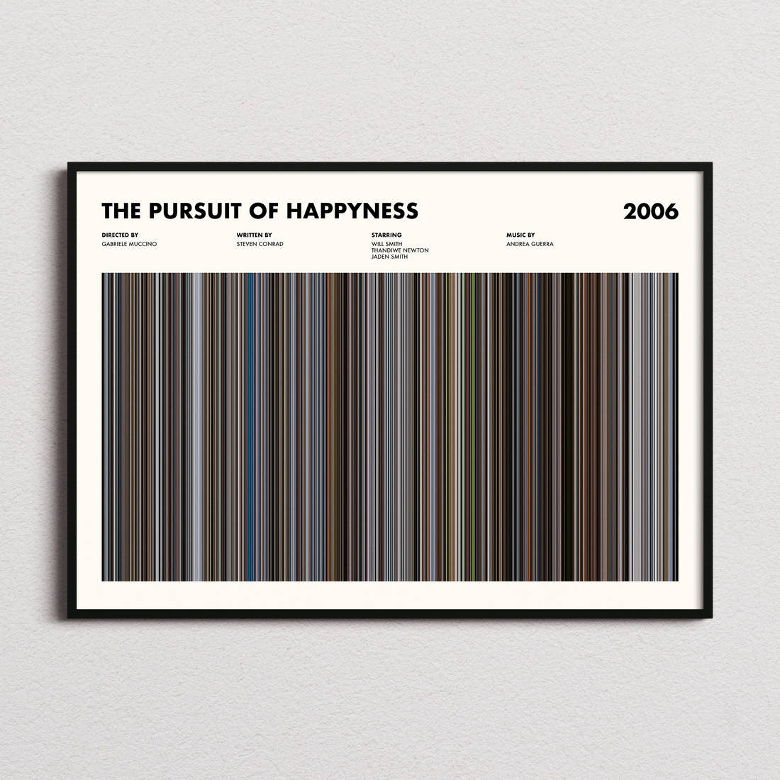 The Pursuit of Happyness Movie Barcode Poster framed and photographed straight on