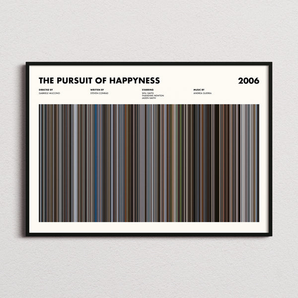 The Pursuit of Happyness Movie Barcode Poster framed and photographed straight on