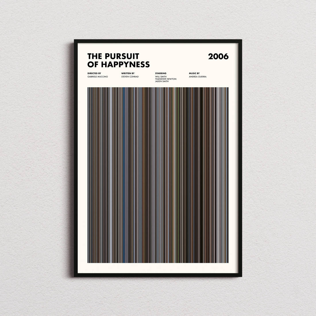 The Pursuit of Happyness Movie Barcode Poster framed on a plain studio wall