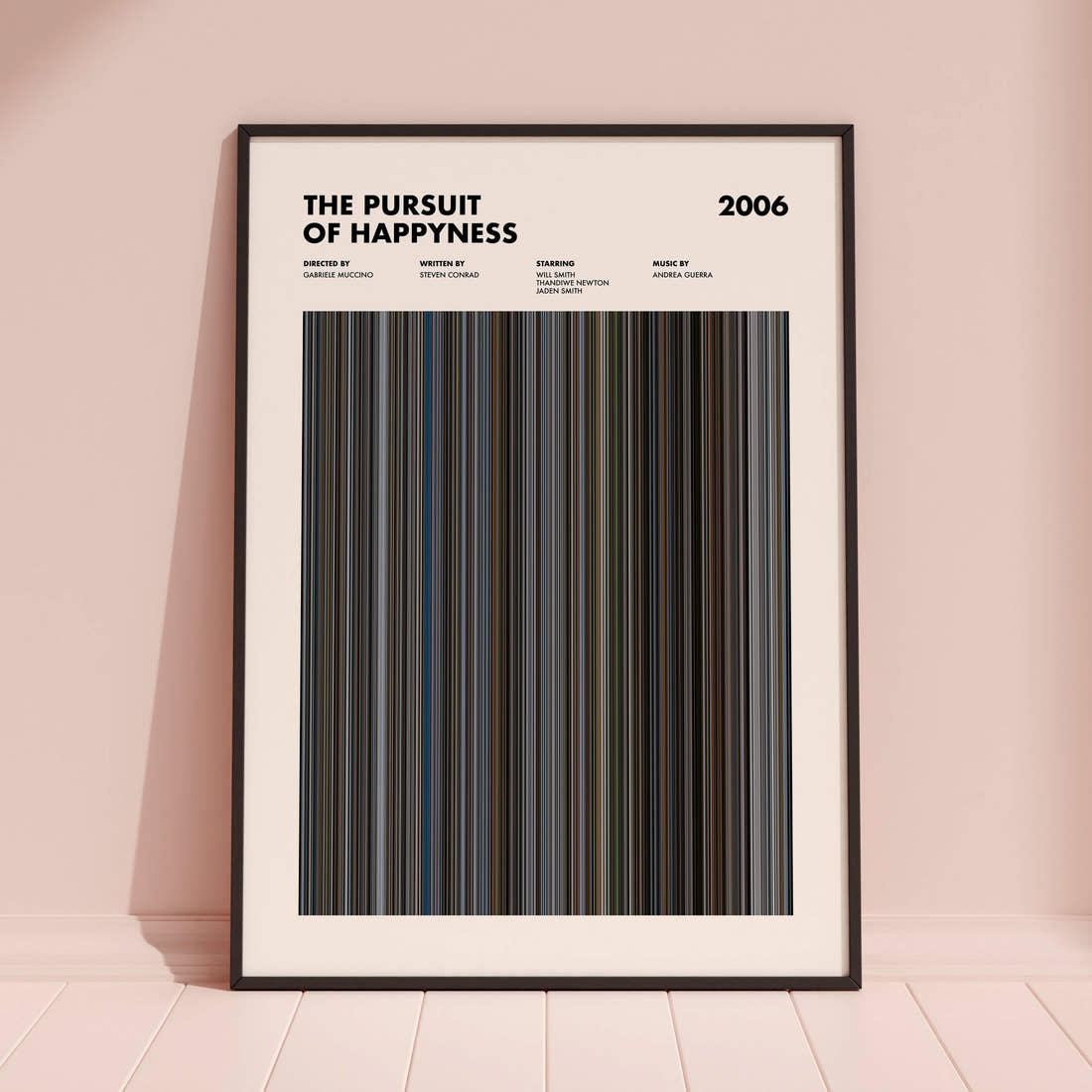 The Pursuit of Happyness Movie Barcode Poster framed and leaning against a coloured wall