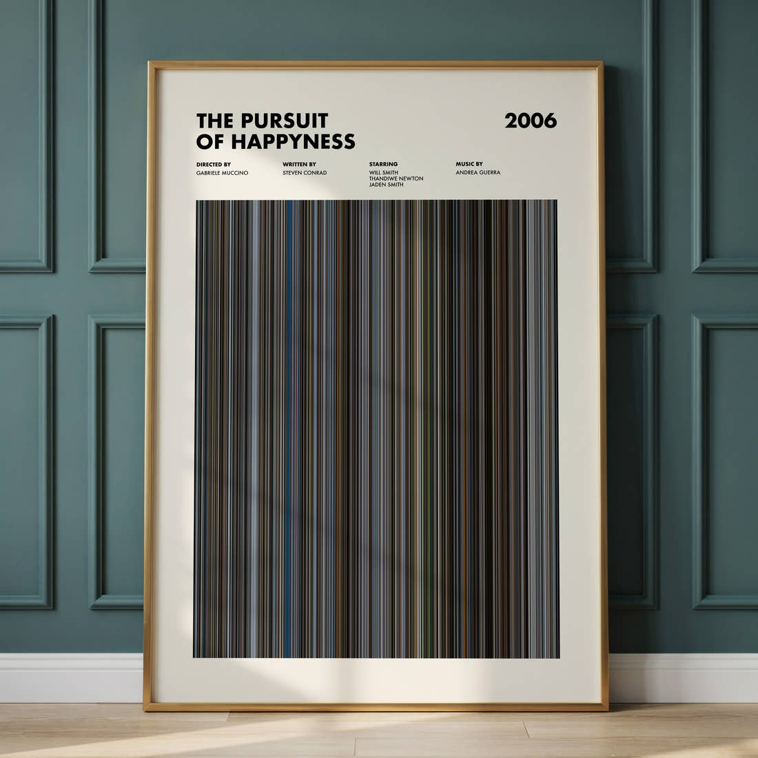 The Pursuit of Happyness Movie Barcode Poster framed and leaning against a panelled wall