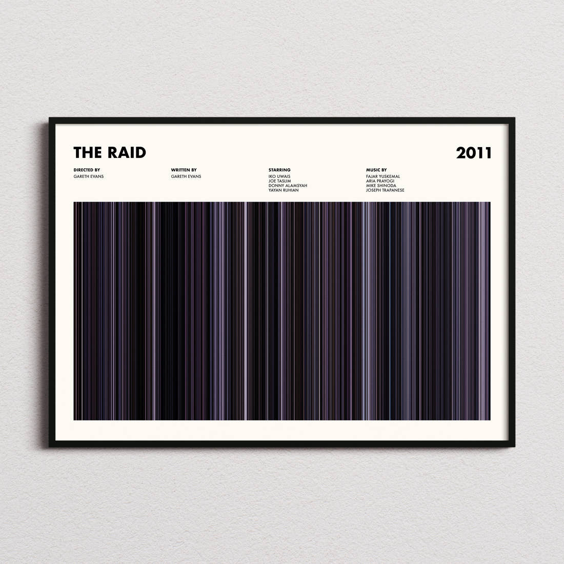 The Raid Movie Barcode Poster framed and photographed straight on