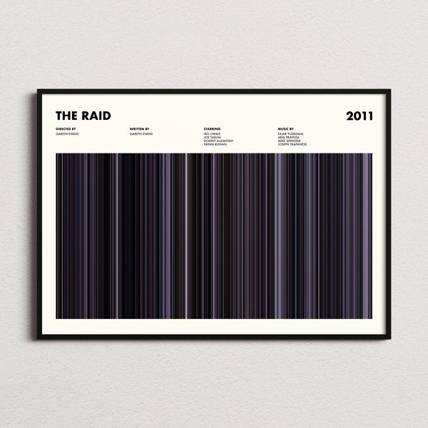 The Raid Movie Barcode Poster framed and photographed straight on