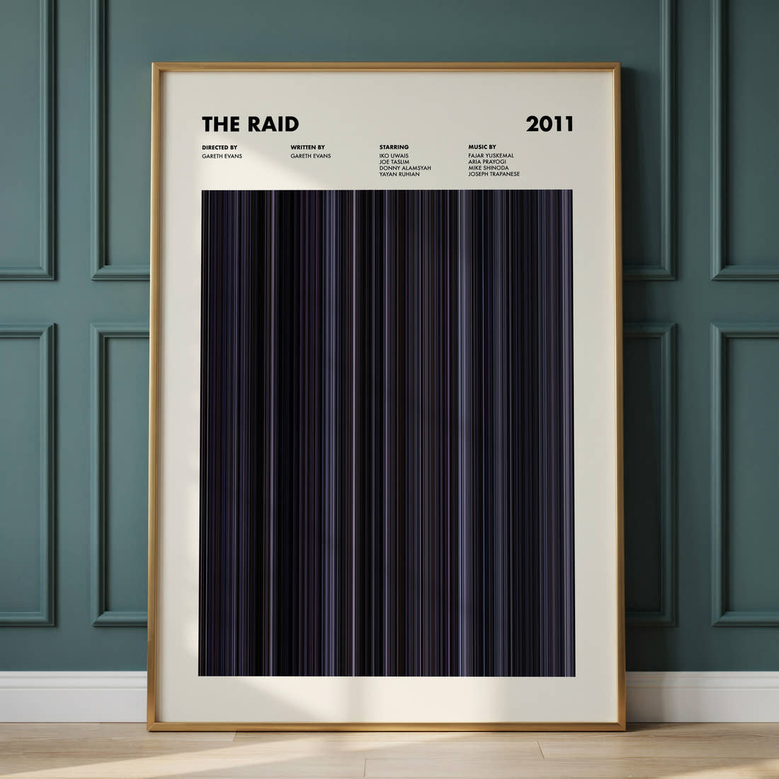 The Raid Movie Barcode Poster framed and leaning against a panelled wall