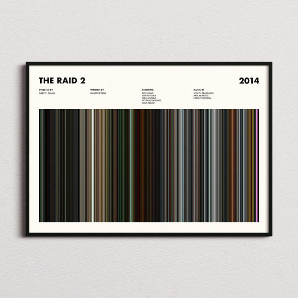 The Raid 2 Movie Barcode Poster framed and photographed straight on