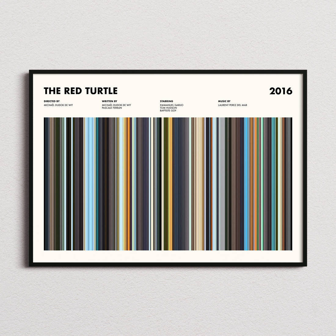 The Red Turtle Movie Barcode Poster framed and photographed straight on