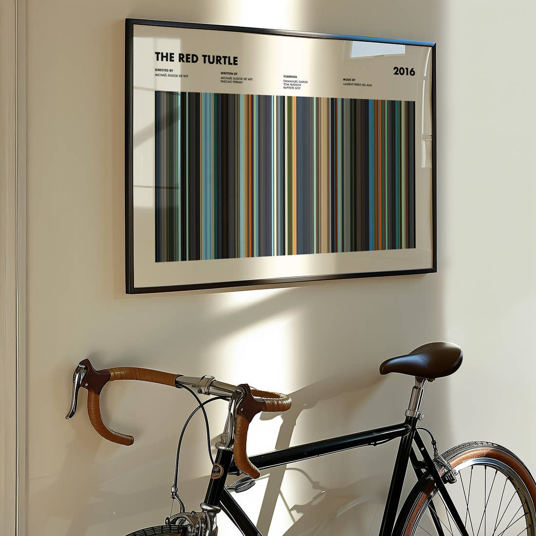 The Red Turtle Movie Barcode Poster framed on the wall of a styled room setting