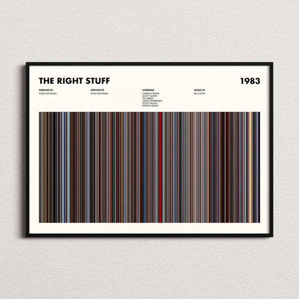 The Right Stuff Movie Barcode Poster framed and photographed straight on