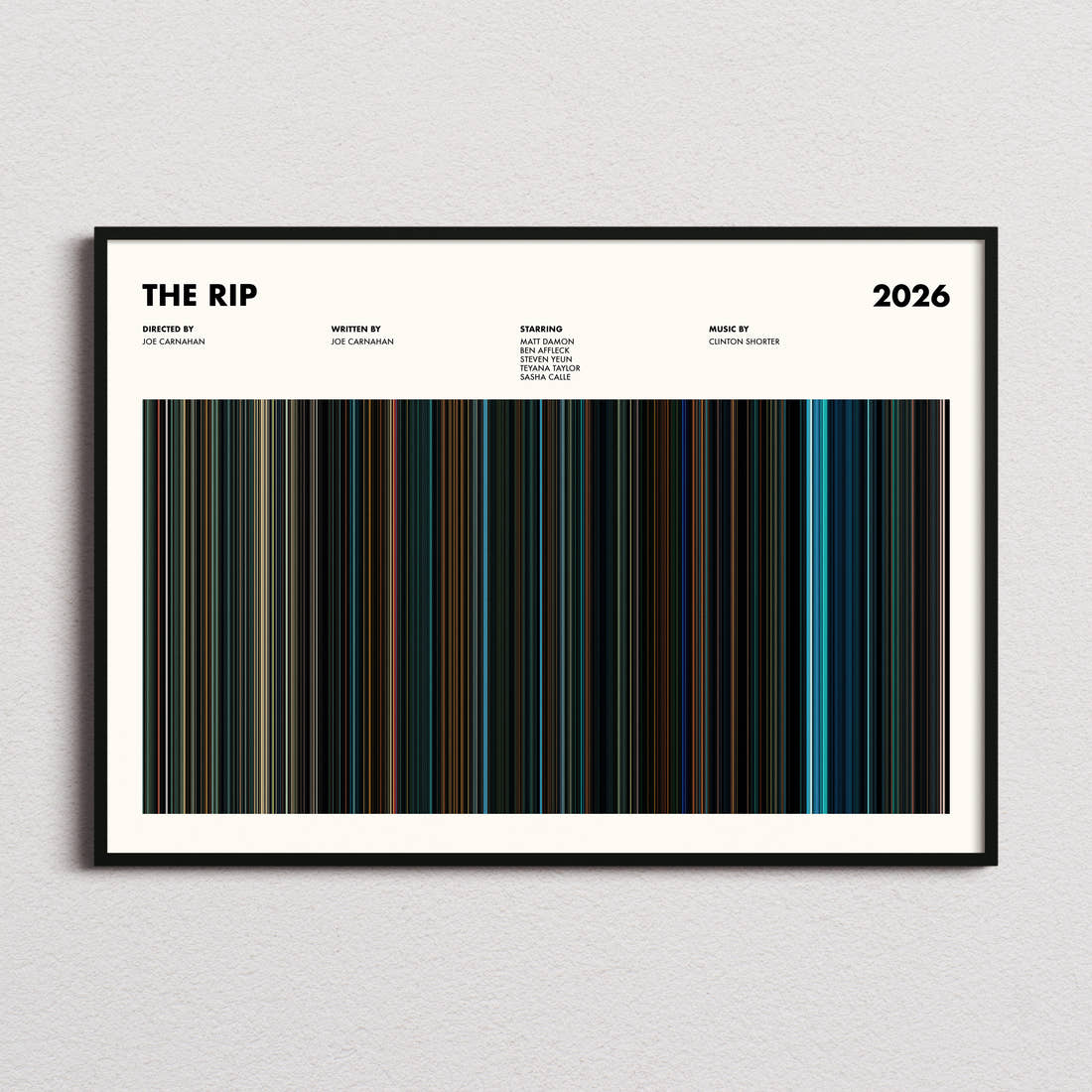 The Rip Movie Barcode Poster framed and photographed straight on