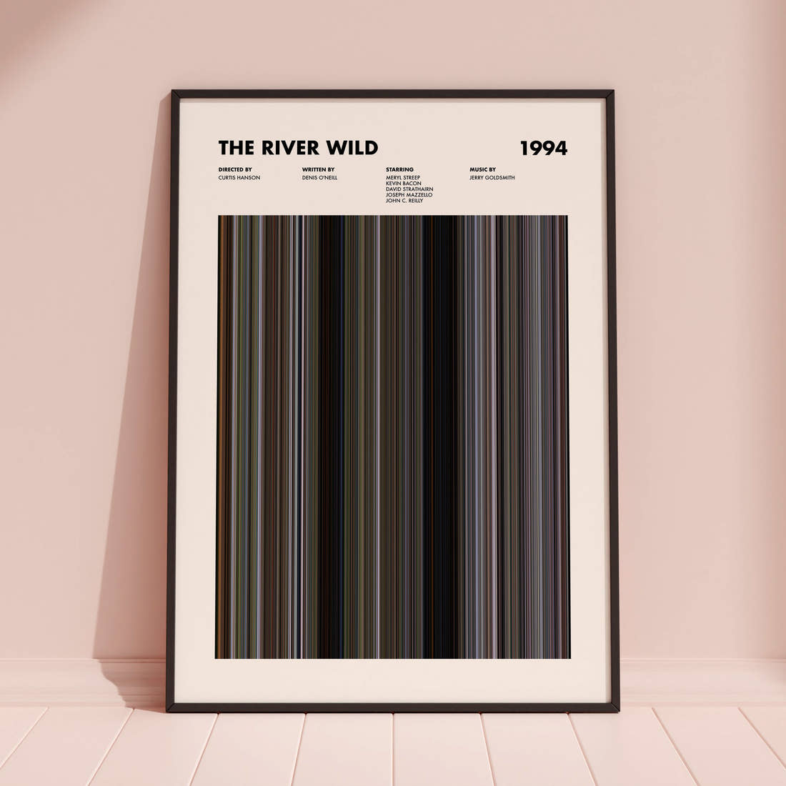 The River Wild Movie Barcode Poster framed and leaning against a coloured wall