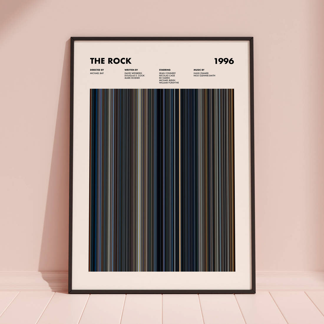 The Rock Movie Barcode Poster framed and leaning against a coloured wall