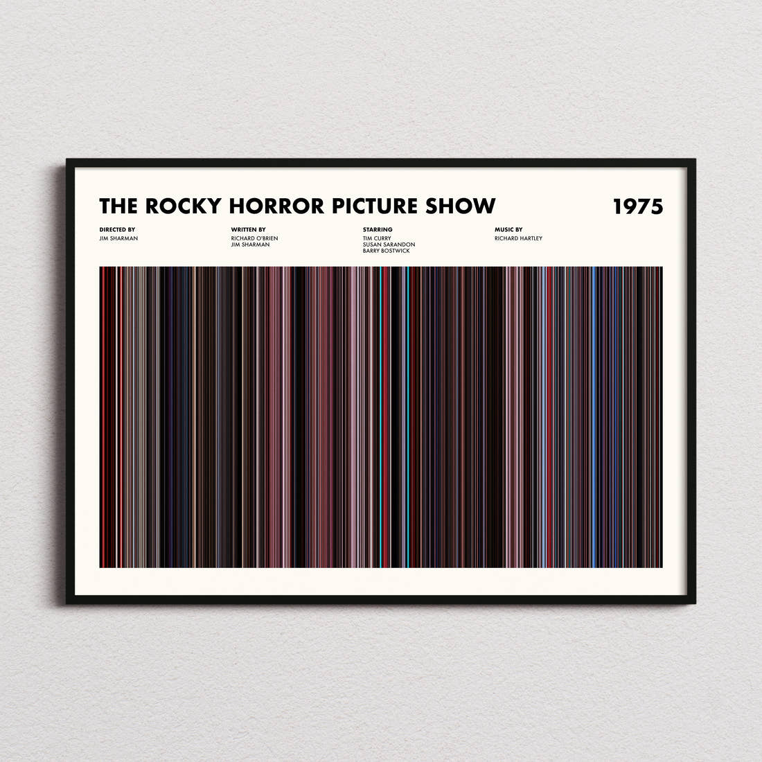 The Rocky Horror Picture Show Movie Barcode Poster framed and photographed straight on
