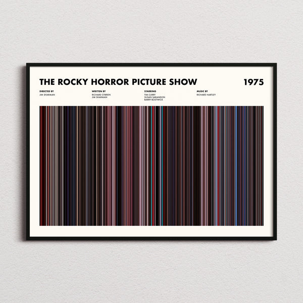 The Rocky Horror Picture Show Movie Barcode Poster framed and photographed straight on