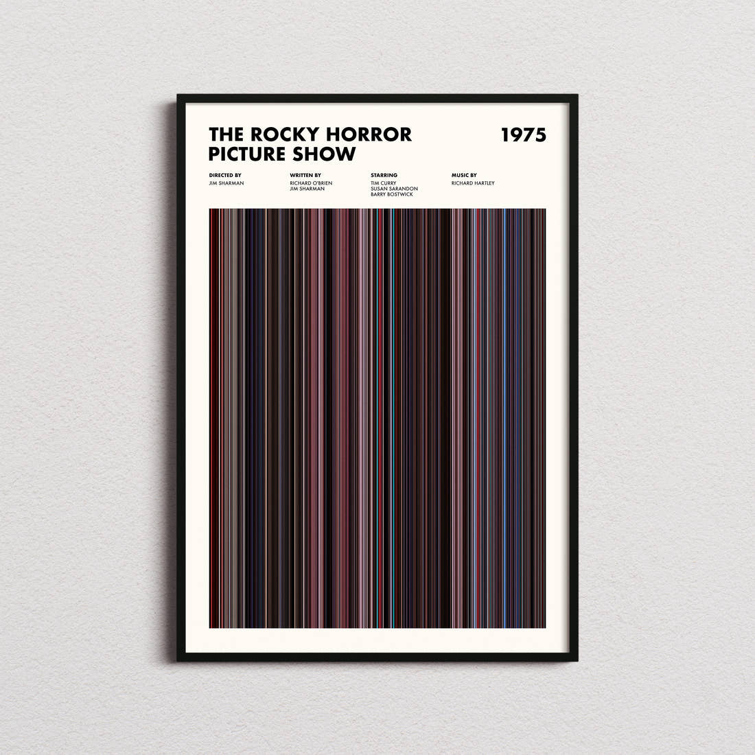 The Rocky Horror Picture Show Movie Barcode Poster framed on a plain studio wall