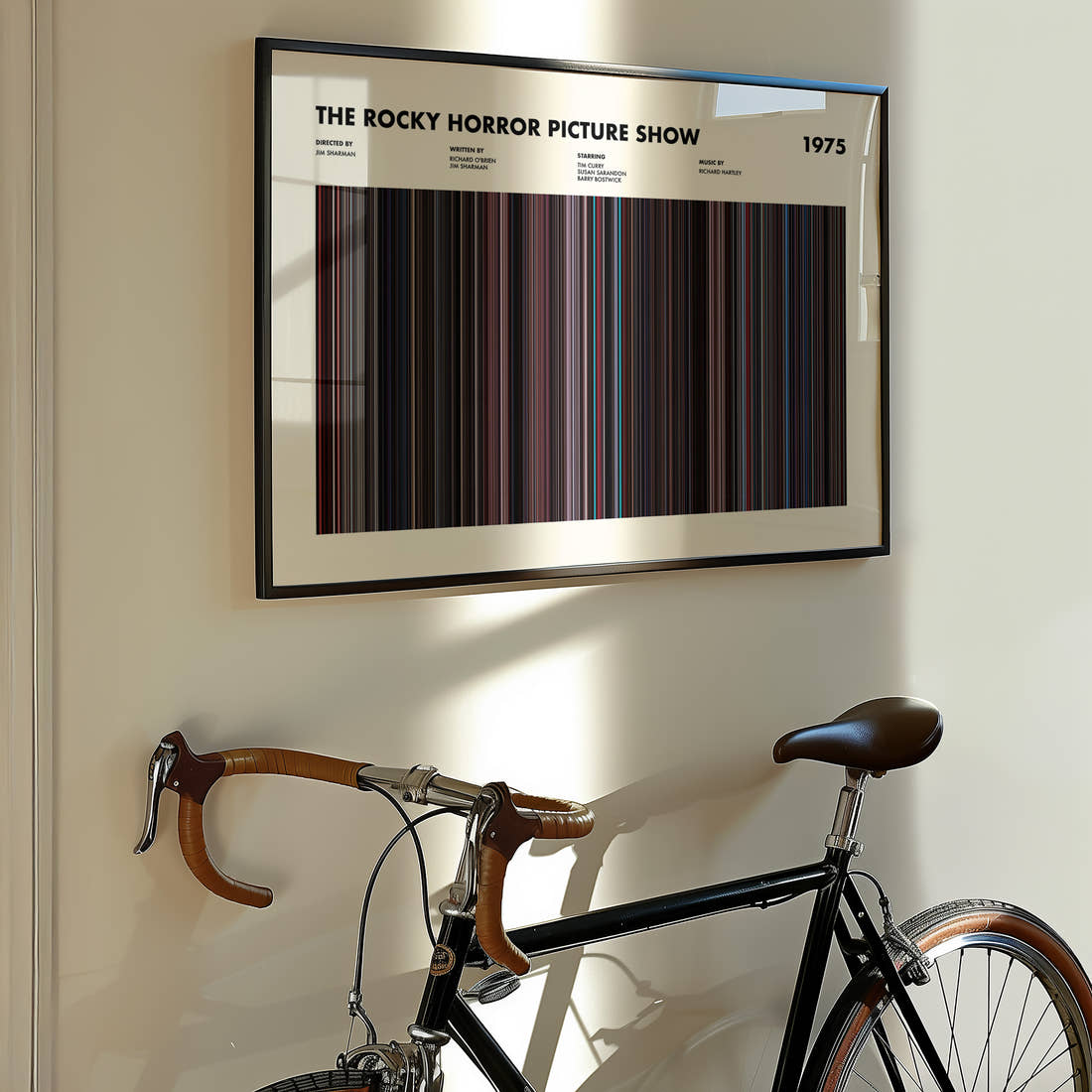The Rocky Horror Picture Show Movie Barcode Poster framed on the wall of a styled room setting