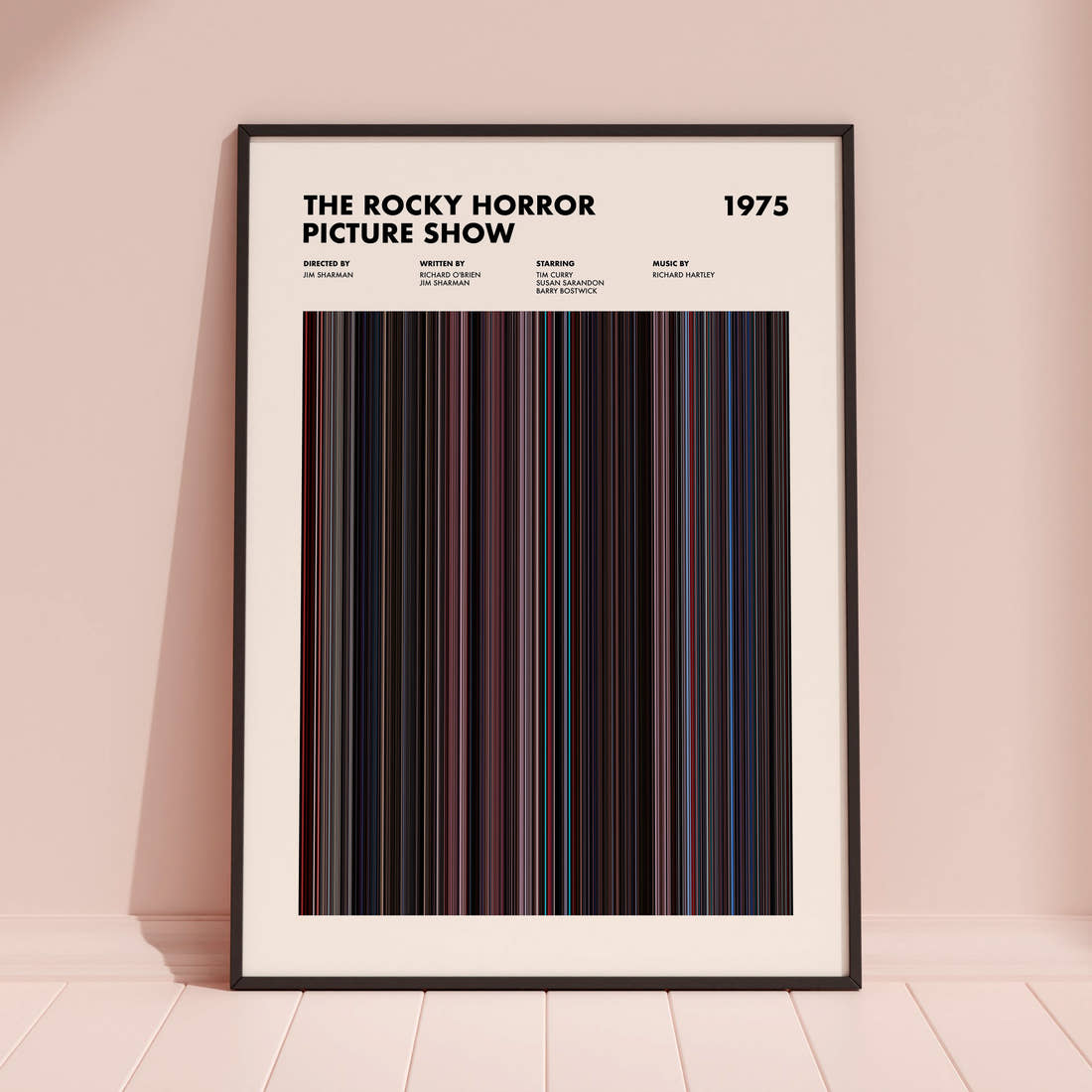 The Rocky Horror Picture Show Movie Barcode Poster framed and leaning against a coloured wall