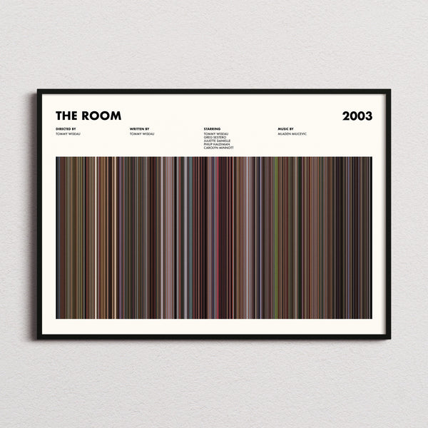 The Room Movie Barcode Poster framed and photographed straight on