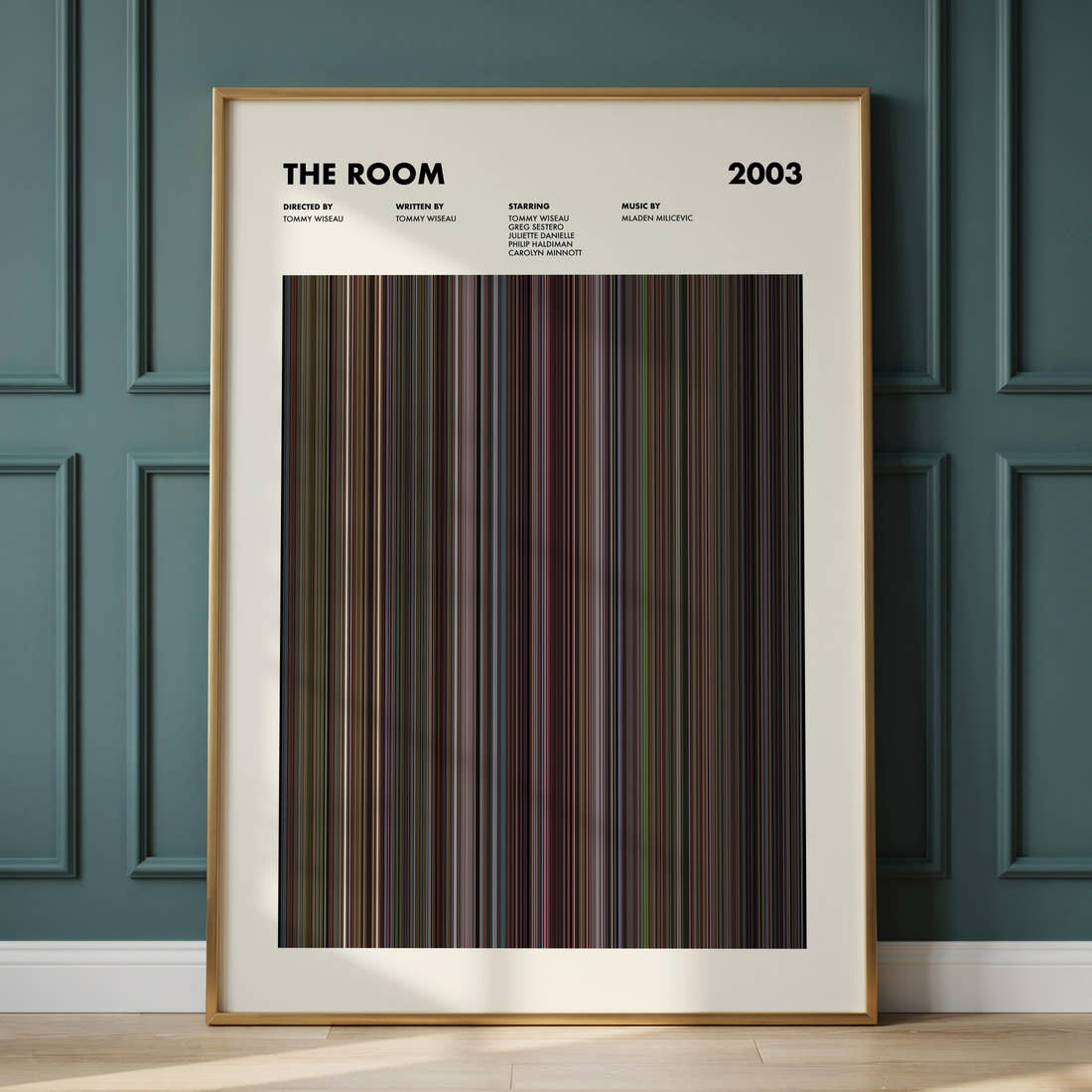 The Room Movie Barcode Poster framed and leaning against a panelled wall