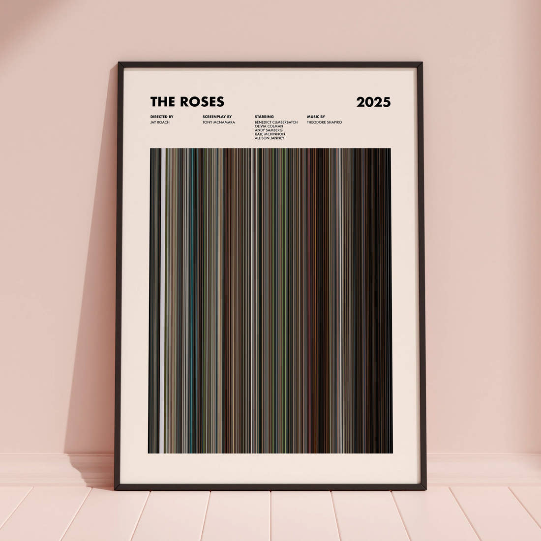 The Roses Movie Barcode Poster framed and leaning against a coloured wall