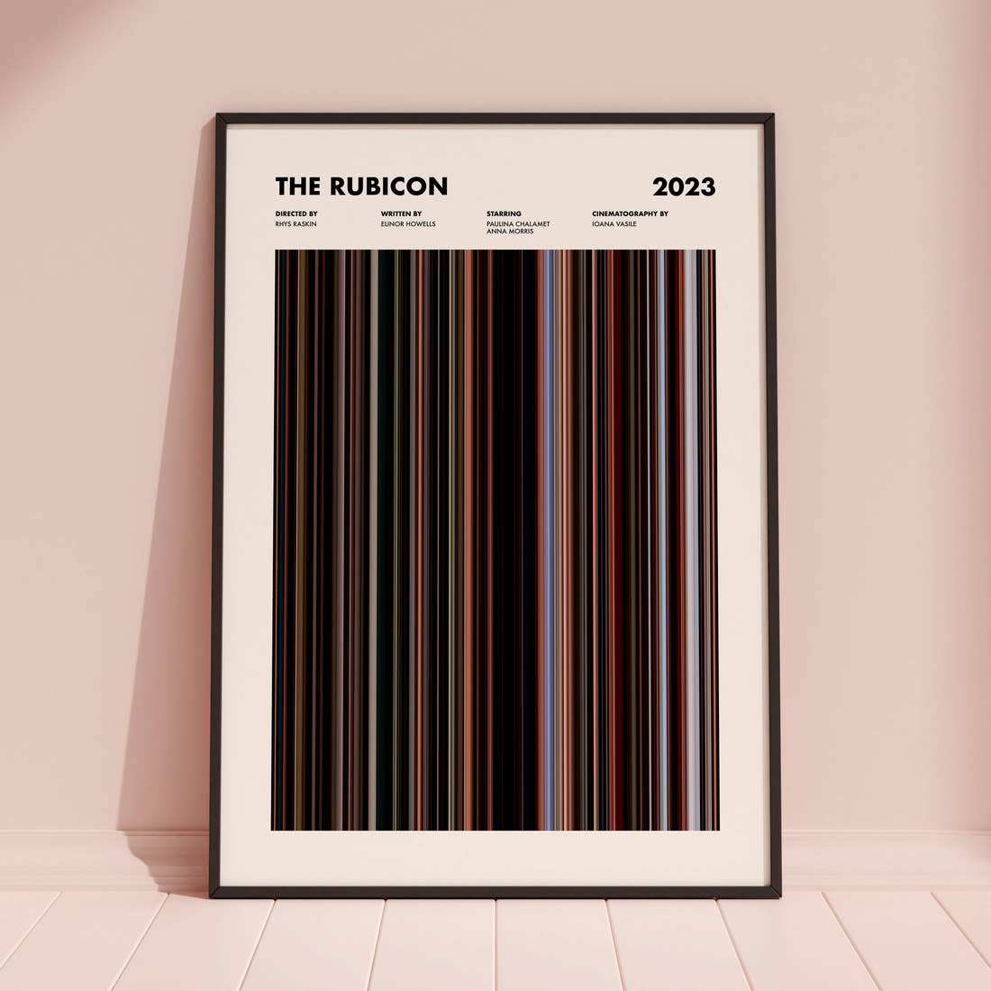 The Rubicon Movie Barcode Poster framed and leaning against a coloured wall