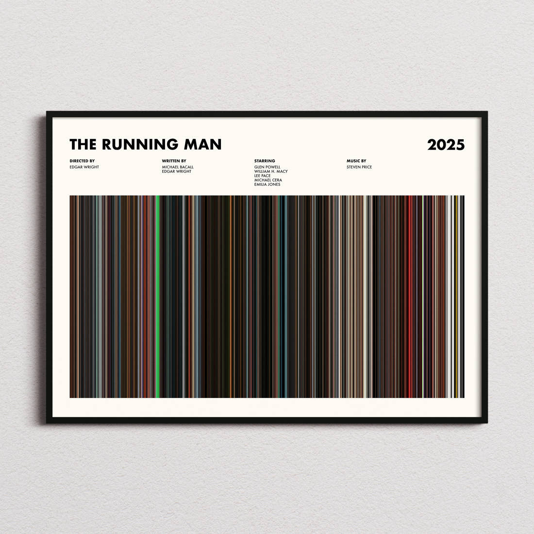 The Running Man Movie Barcode Poster framed and photographed straight on