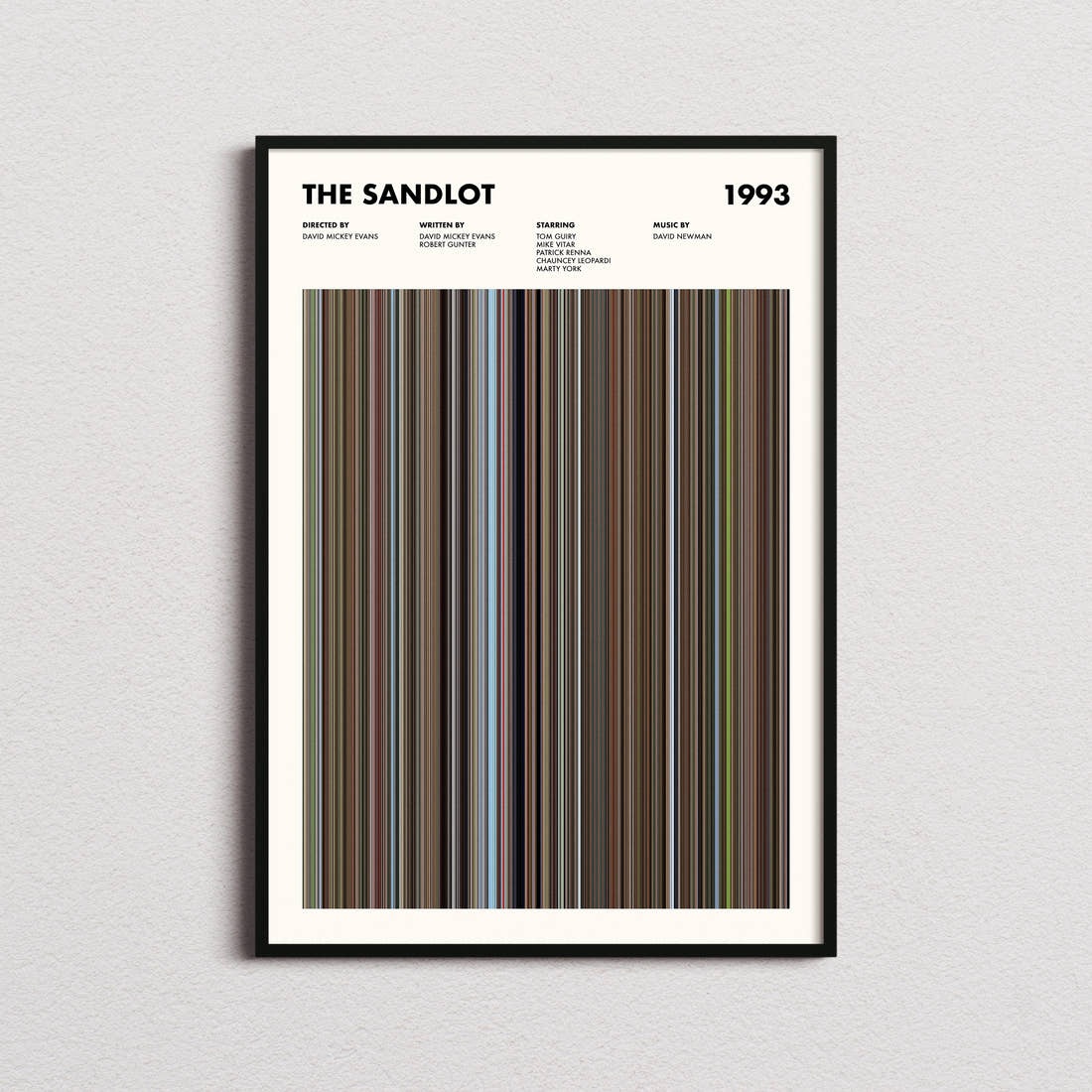 The Sandlot Movie Barcode Poster framed on a plain studio wall