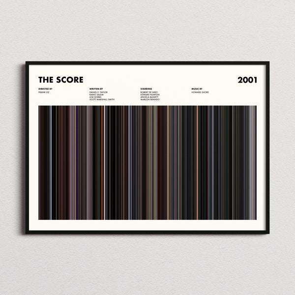 The Score Movie Barcode Poster framed and photographed straight on