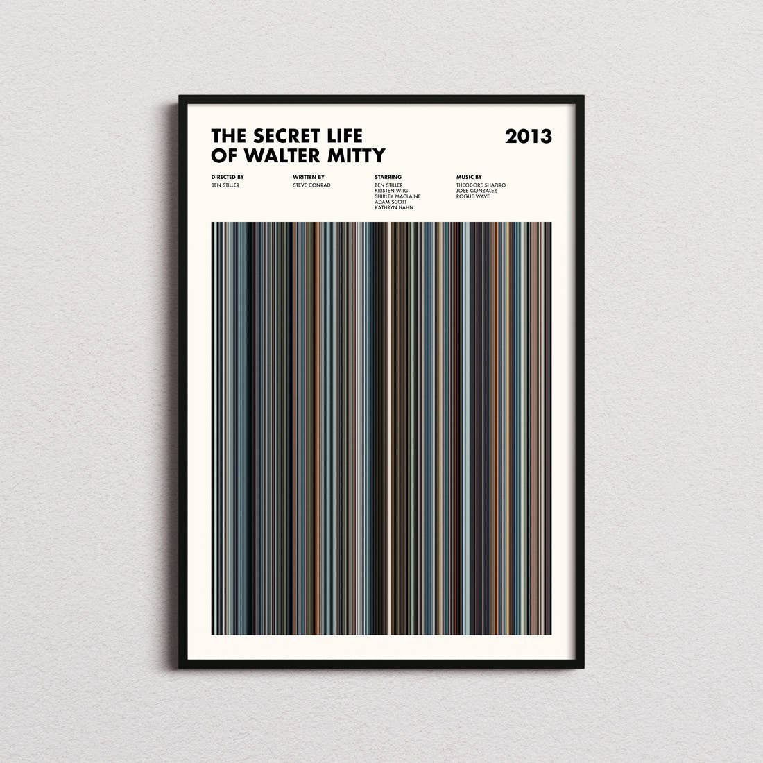 The Secret Life of Walter Mitty Movie Barcode Poster framed on a plain studio wall