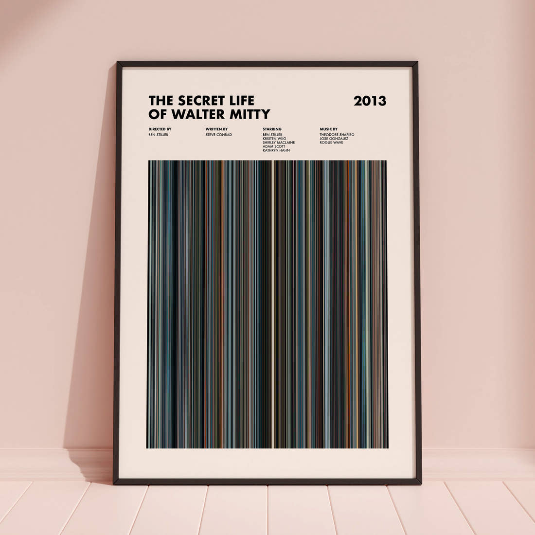The Secret Life of Walter Mitty Movie Barcode Poster framed and leaning against a coloured wall